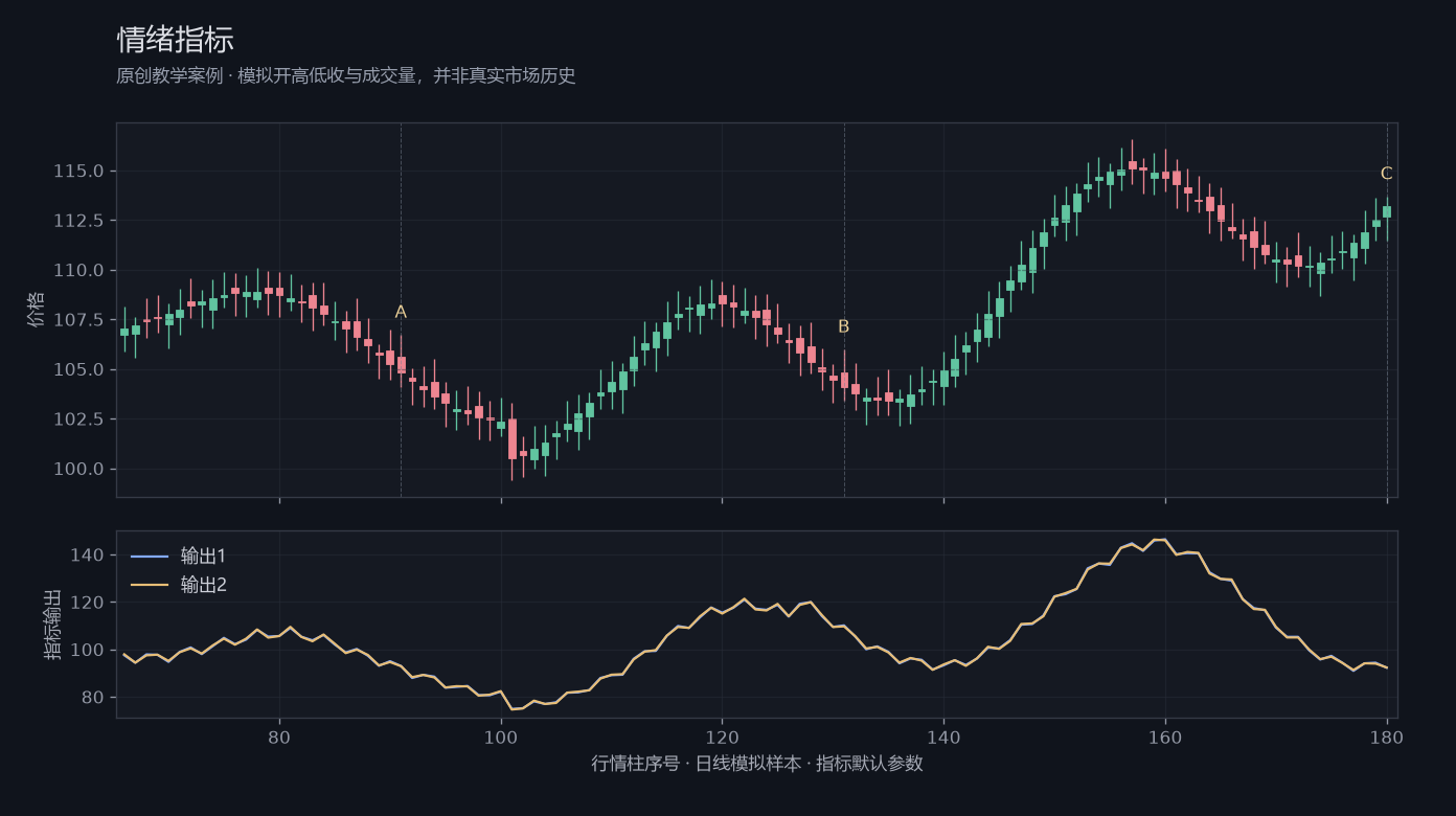 情绪指标原创模拟行情图,标出甲乙丙观察位置、价格与指标输出