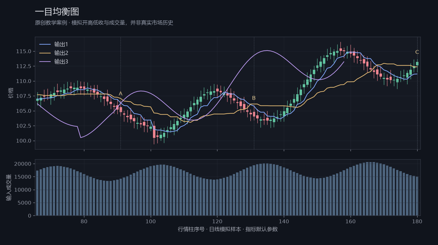 一目均衡图原创模拟行情图,标出甲乙丙观察位置、价格与指标输出
