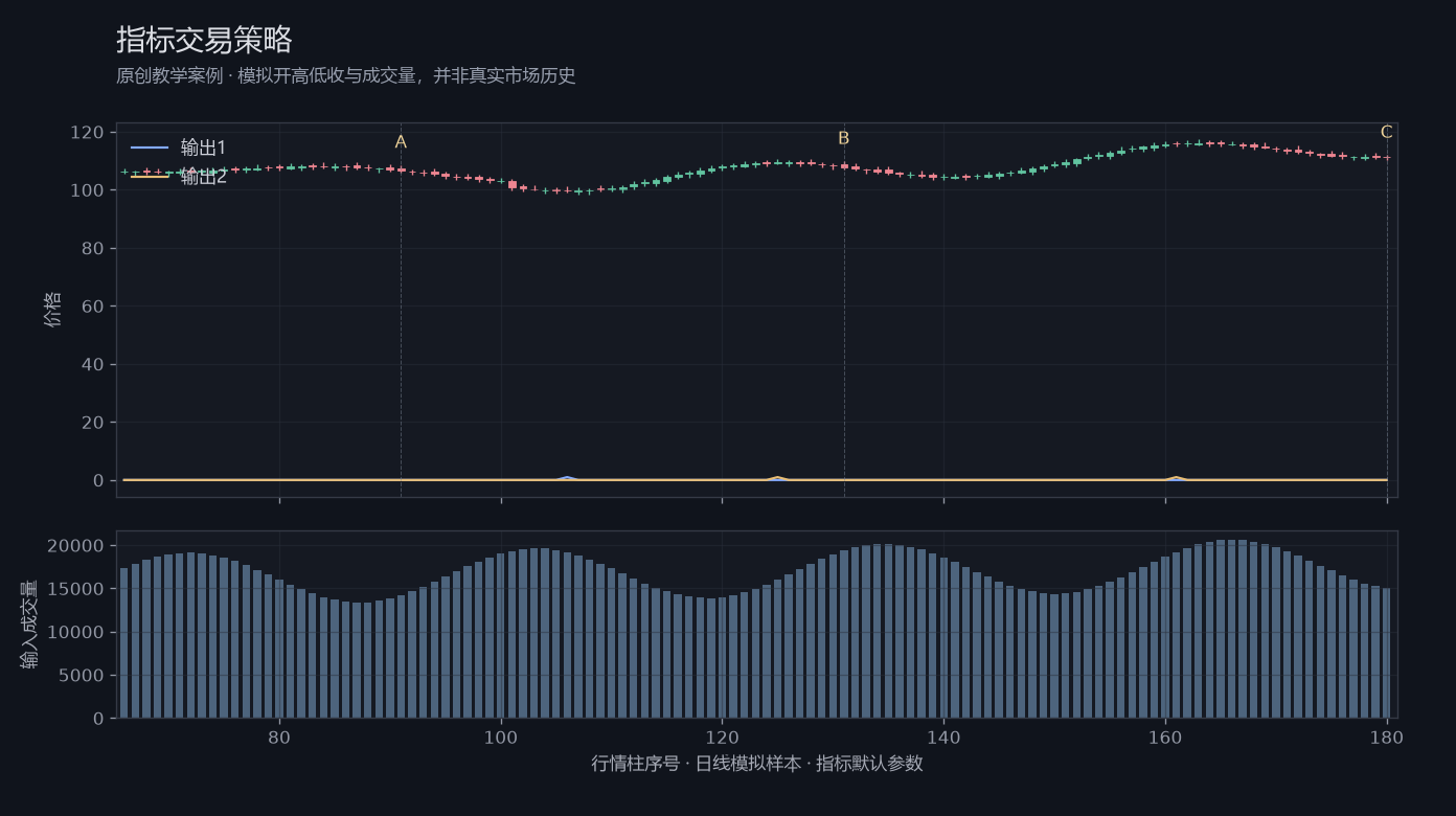 指标交易策略原创模拟行情图,标出甲乙丙观察位置、价格与指标输出